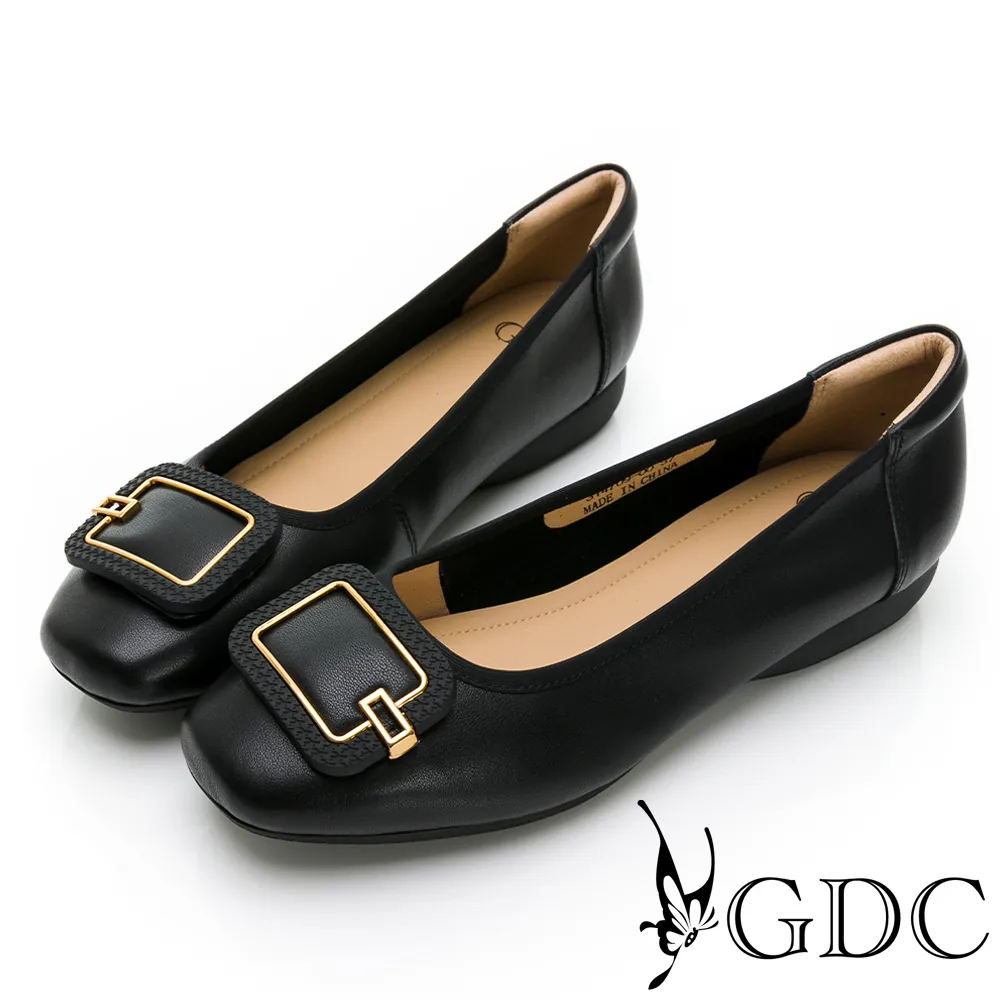 GDC-經典百搭方頭舒適平底真皮娃娃鞋-黑色